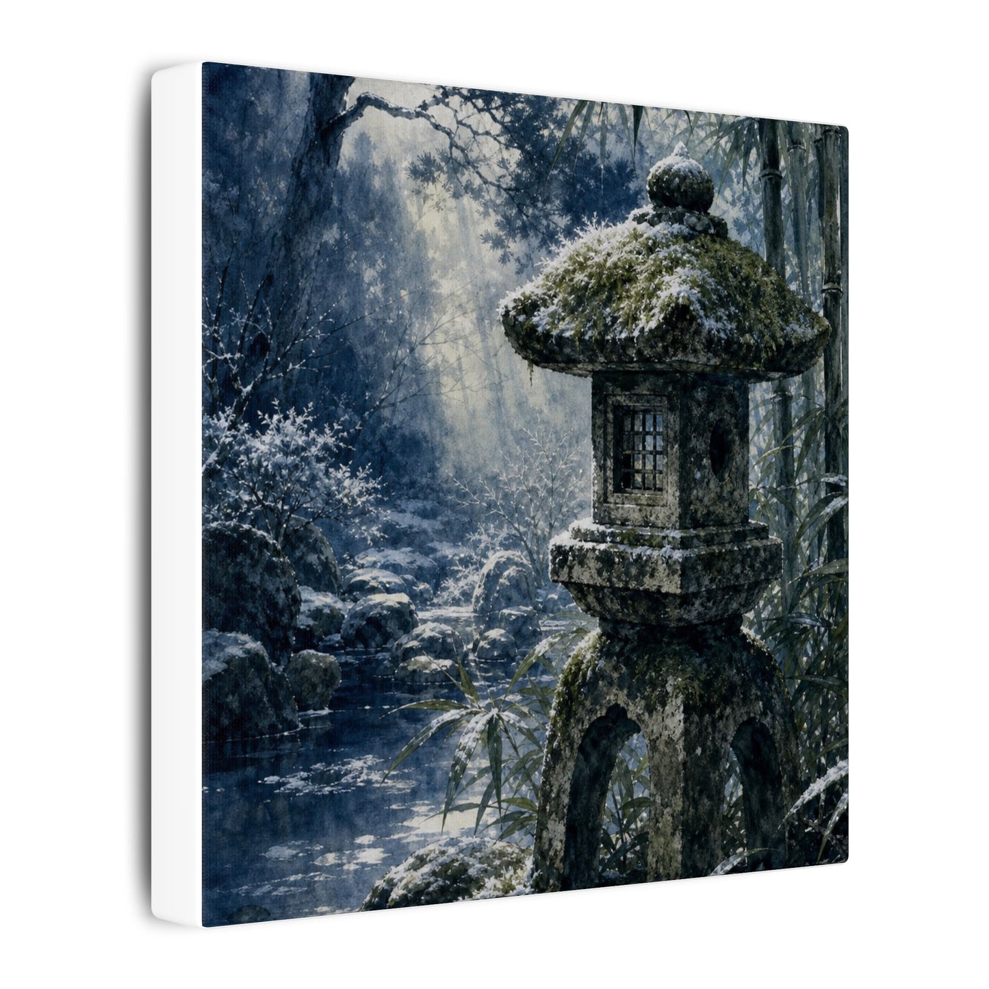 Zen Stone Lantern in Dappled | Sumi E Canvas Art