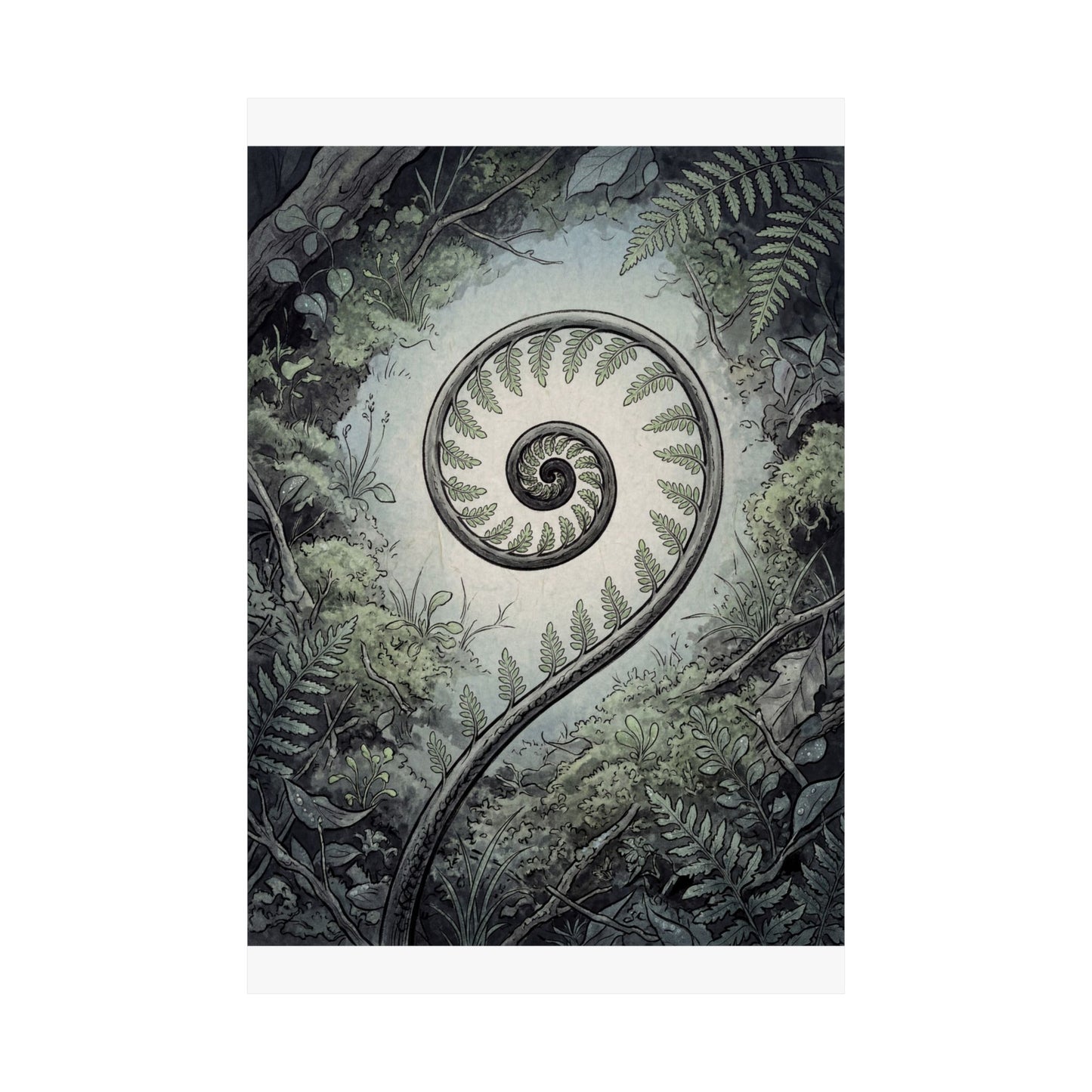 Contemplative Fern Unfurling Wall Art Print - Ukiyo E Inspired Zen