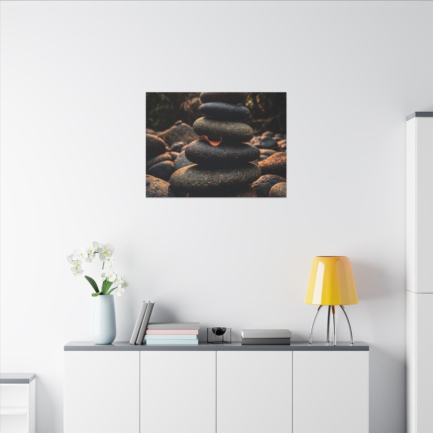 Dark Japandi River Stones in Golden Hour | Moody Minimal Canvas Art