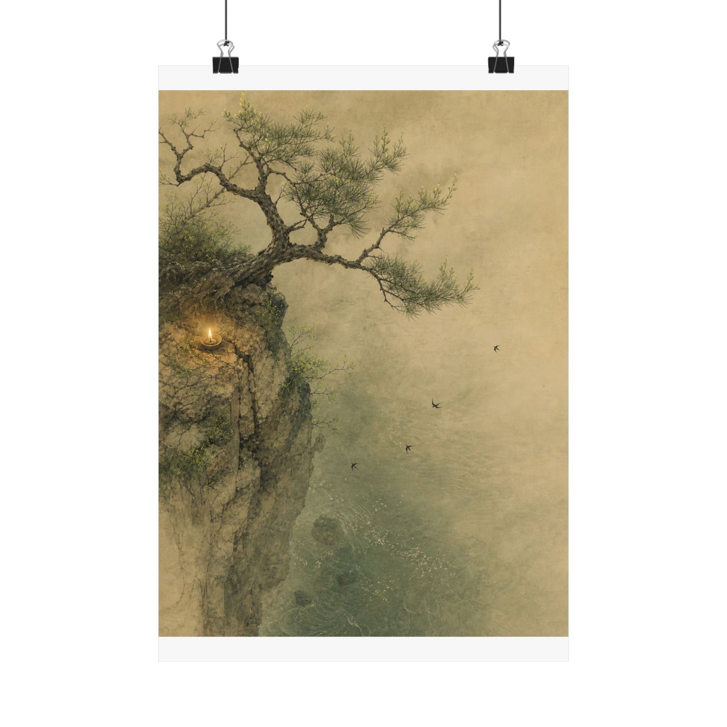 Japandi Pine Tree in Candlelight | Minimal Line Wall Art Print