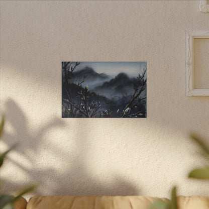 Mountain Mist Spring Canvas Art | Dark Japandi Atmospheric Design