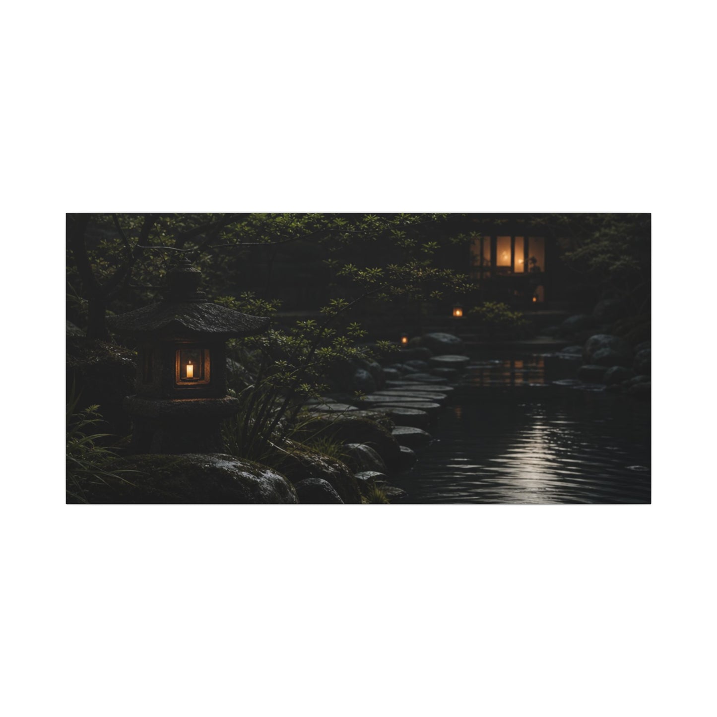 Moonlit Garden Shadow Zen Canvas Art | Sophisticated Dark Japandi Art