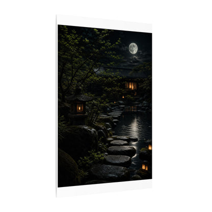 Moonlit Garden Shadow Zen Canvas Art | Sophisticated Dark Japandi Art