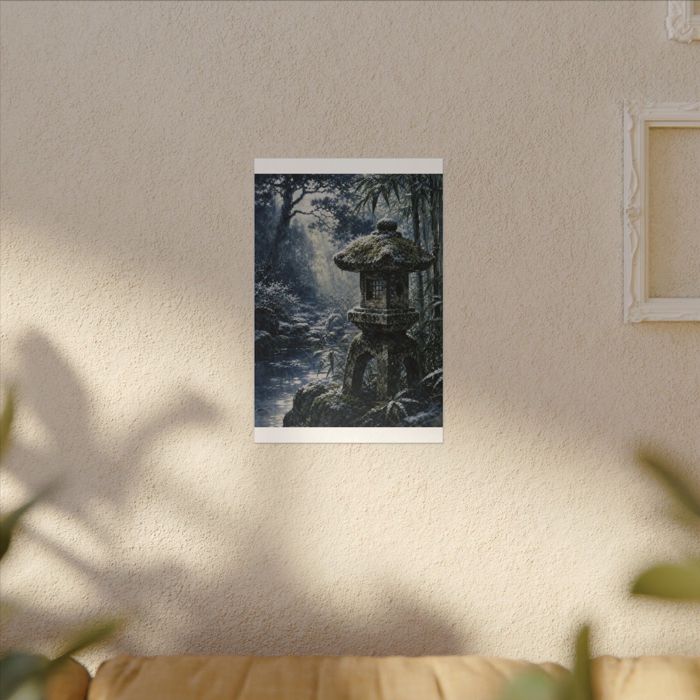 Zen Stone Lantern in Dappled | Sumi E Canvas Art