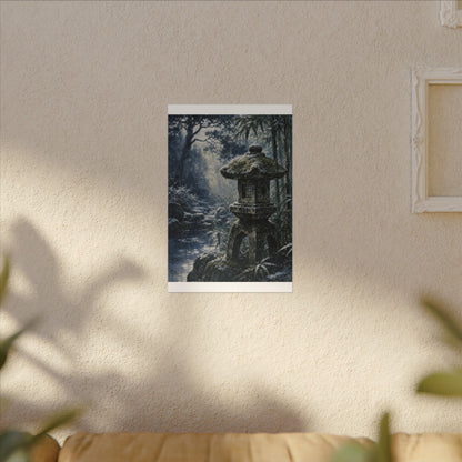 Zen Stone Lantern in Dappled | Sumi E Canvas Art