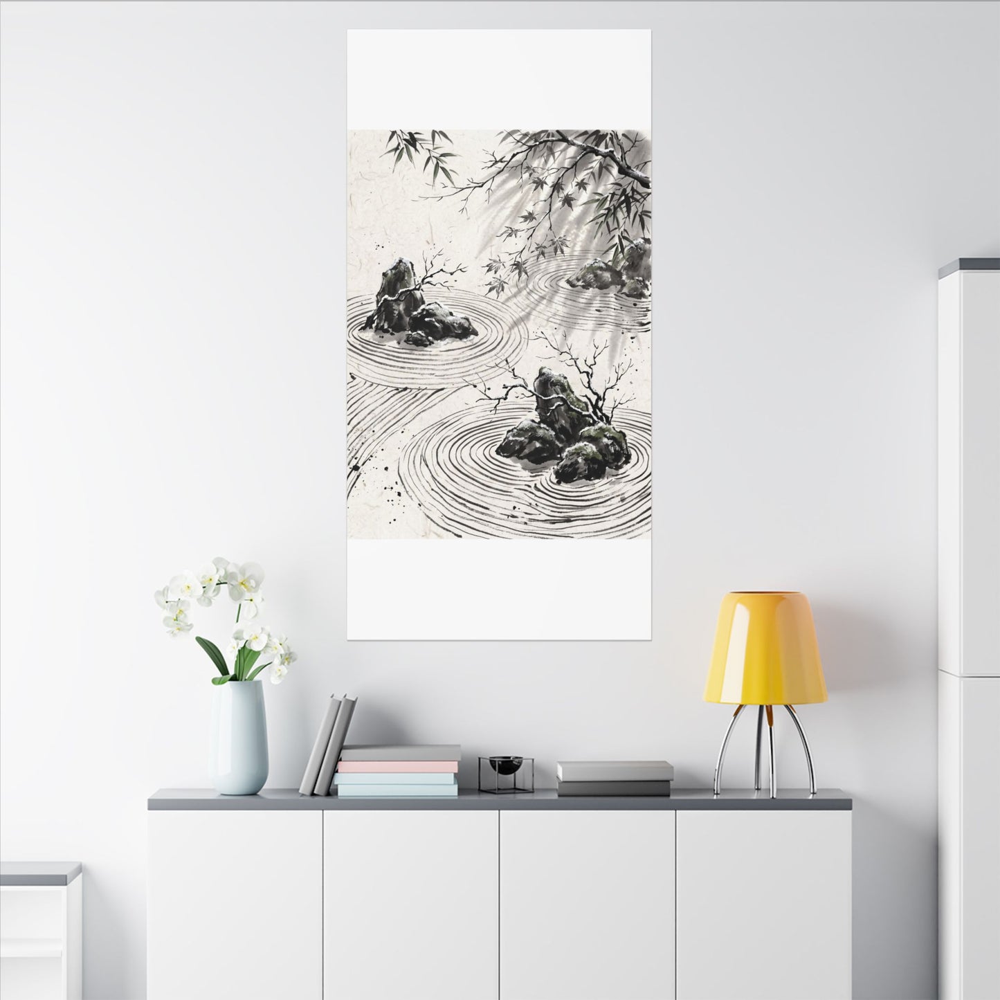 Rock Garden Canvas Art | Winter Zen Sumi E Art