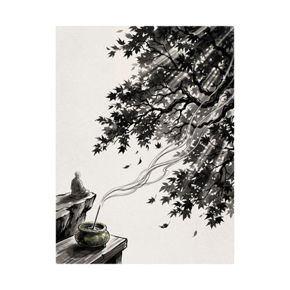 Contemplative Incense Smoke Wall Art Print - Ukiyo E Inspired Zen