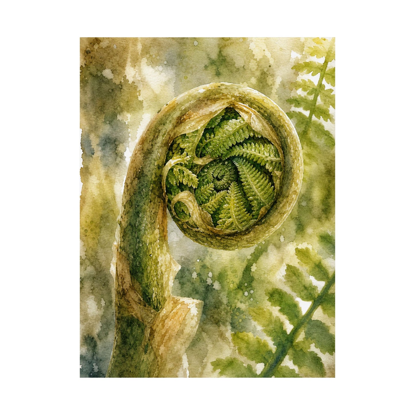 Elegant Fern Unfurling Wall Art Print - Watercolor Japandi