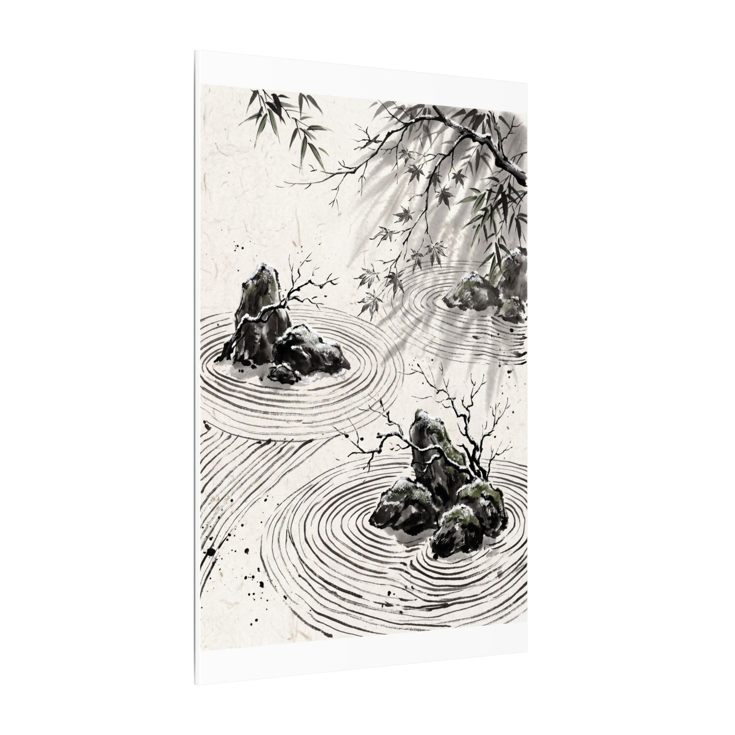 Rock Garden Canvas Art | Winter Zen Sumi E Art