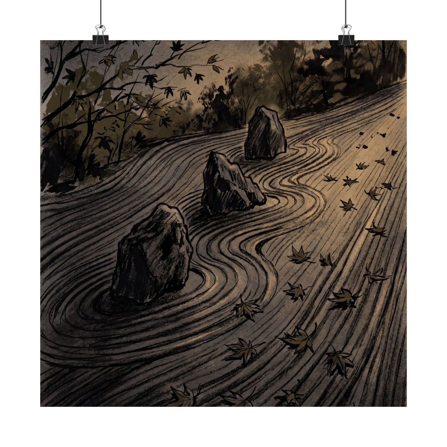 Rock Garden Autumn Wall Art Print | Dark Japandi Sophisticated Design