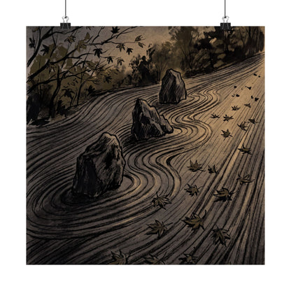Rock Garden Autumn Wall Art Print | Dark Japandi Sophisticated Design