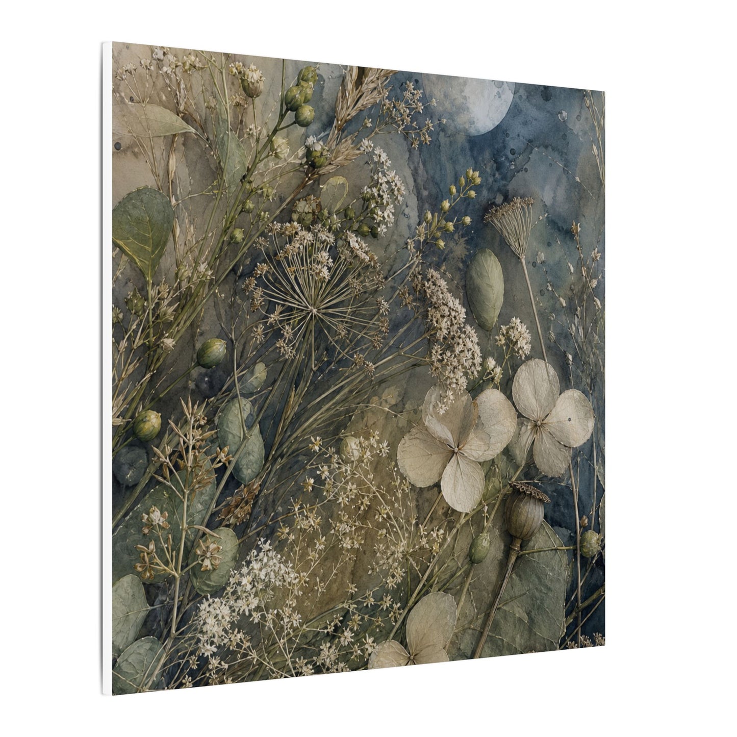 Japandi Dried Flowers in Moonlight | Watercolor Canvas Art