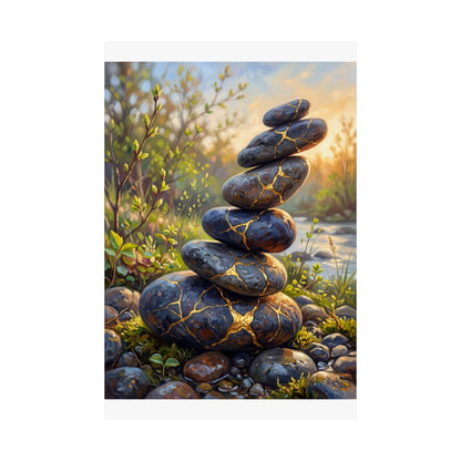 River Stones Wall Art Print | Spring Kintsugi Gold Repair Art