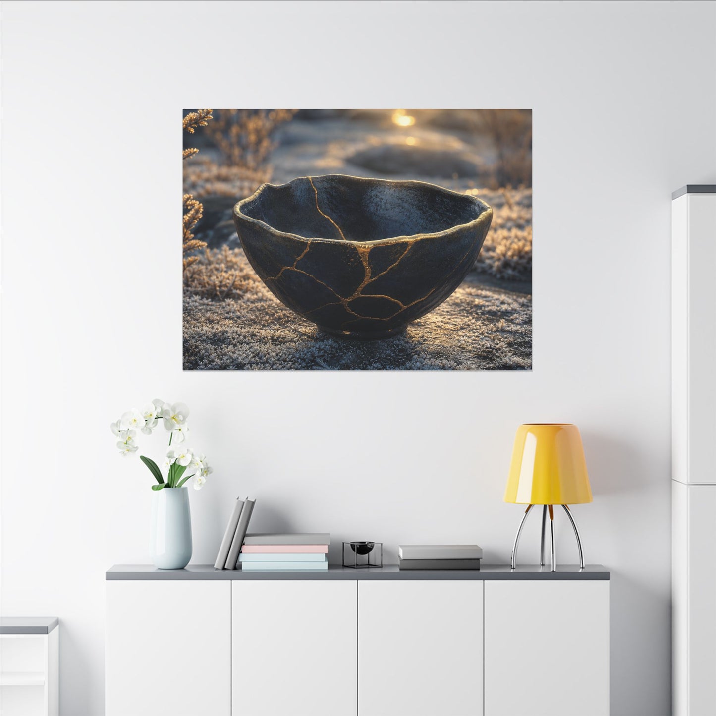 Ceramic Bowl Canvas Art | Winter Kintsugi Gold Repair Art