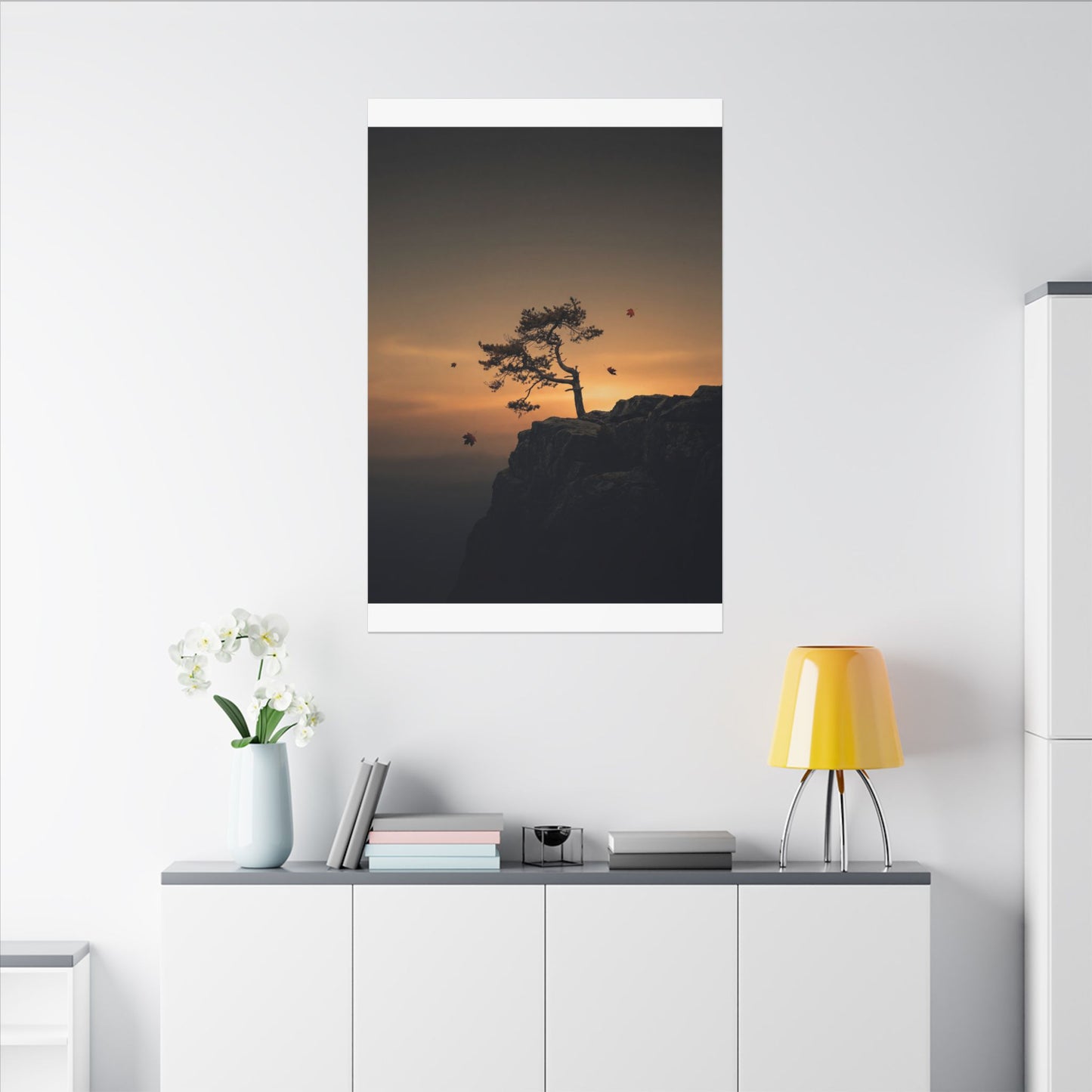 Dark Japandi Pine Tree in Golden Hour | Moody Minimal Canvas Art