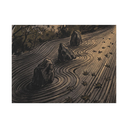Rock Garden Canvas Art | Autumn Dark Japandi Charcoal Ink Art