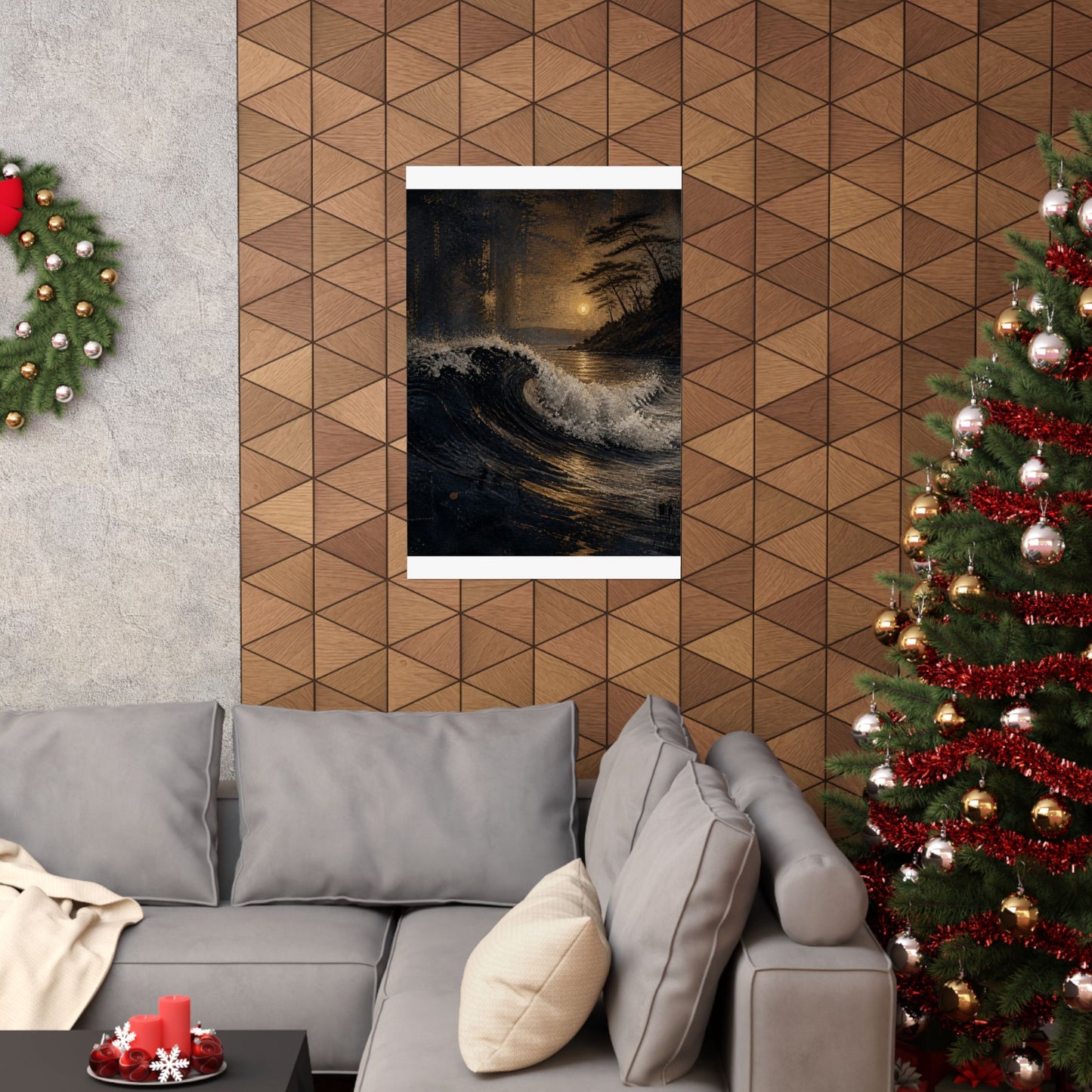 Dark Japandi Ocean Wave in Golden Hour | Dark Texture Wall Art Print