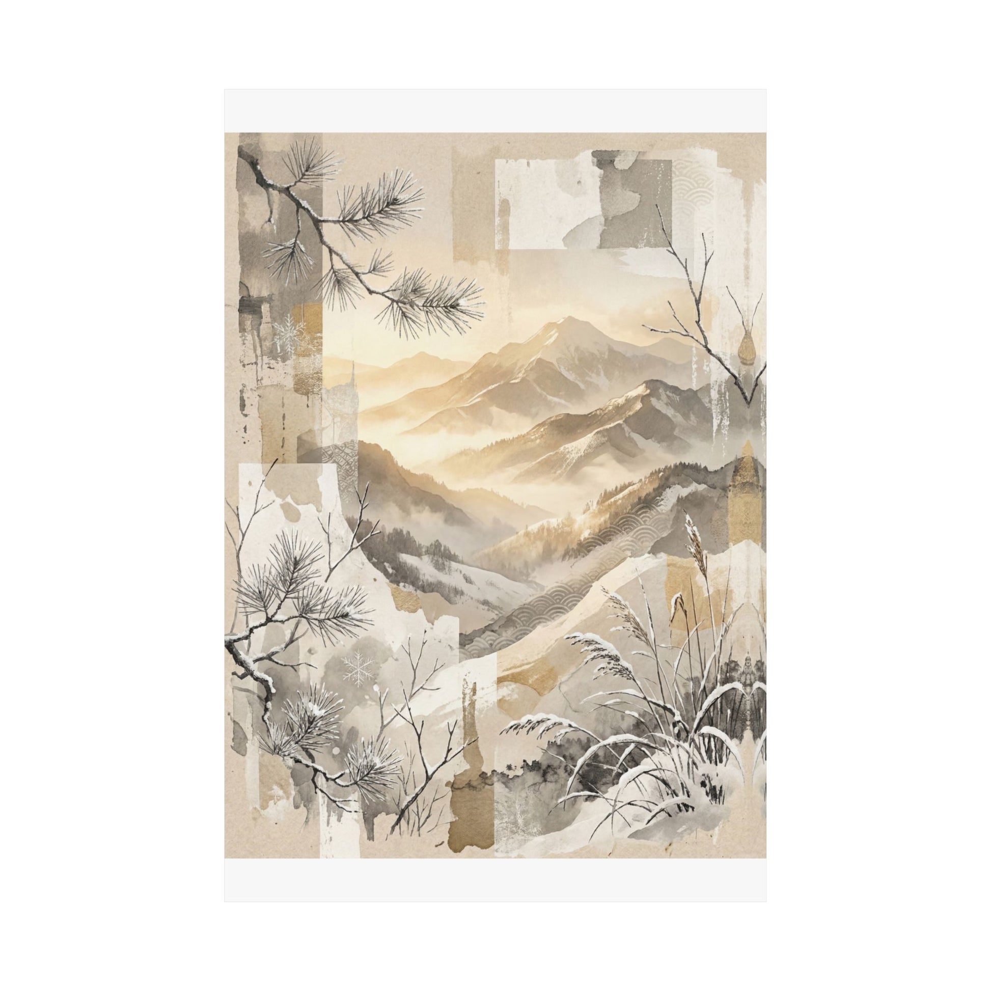 Neutral Mountain Mist Wall Art Print - Japanese Pattern Japandi Art Print