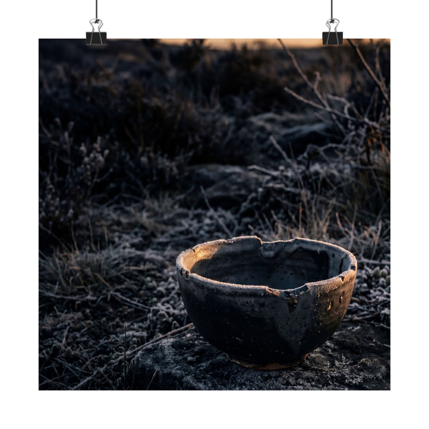 Dark Japandi Ceramic Bowl in Golden Hour | Dark Texture Wall Art Print