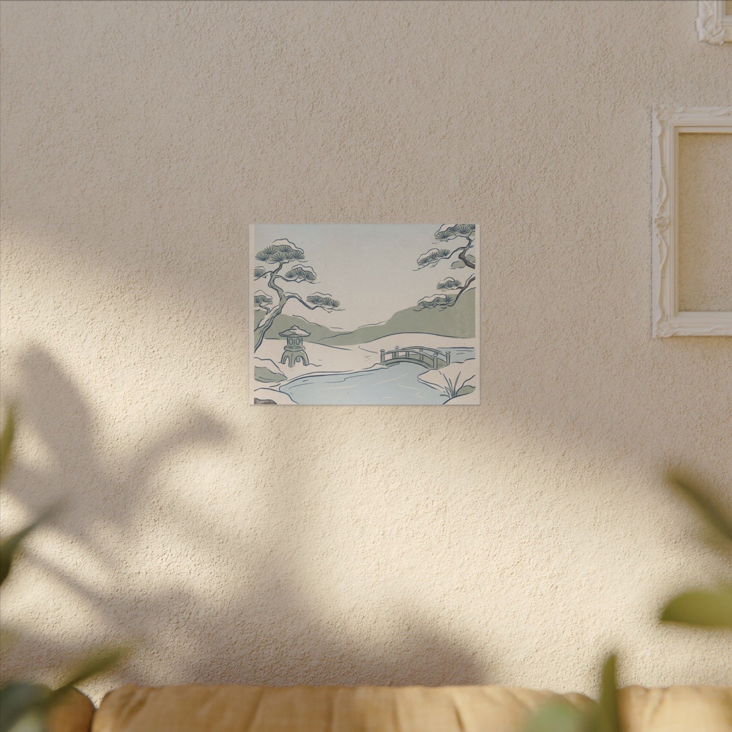 Japandi Moonlit Garden in Moonlight | Minimal Line Canvas Art
