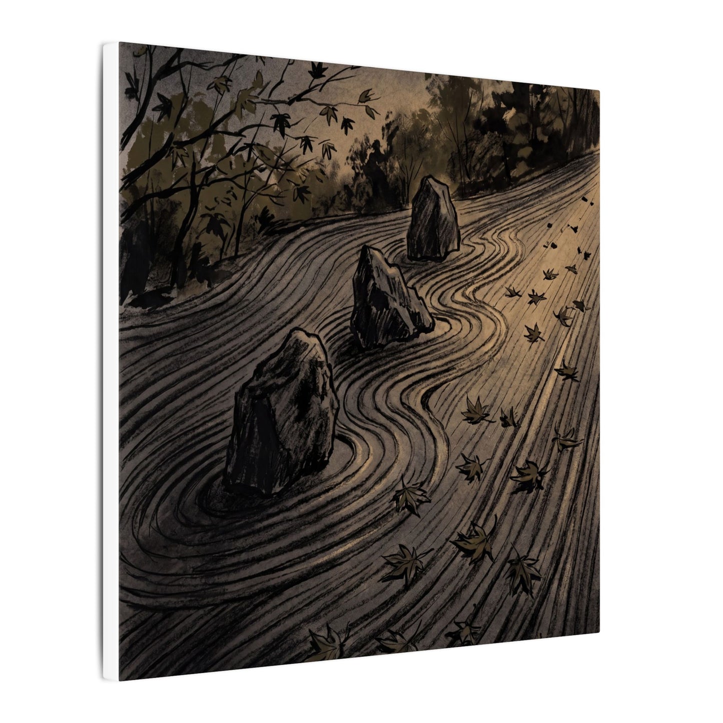 Rock Garden Canvas Art | Autumn Dark Japandi Charcoal Ink Art