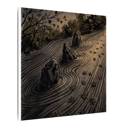 Rock Garden Canvas Art | Autumn Dark Japandi Charcoal Ink Art