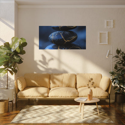 River Stones Canvas Art | Winter Kintsugi Gold Repair Art