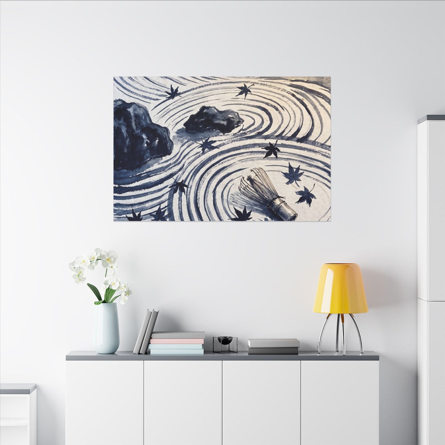 Zen Rock Garden in Golden Hour | Sumi E Canvas Art