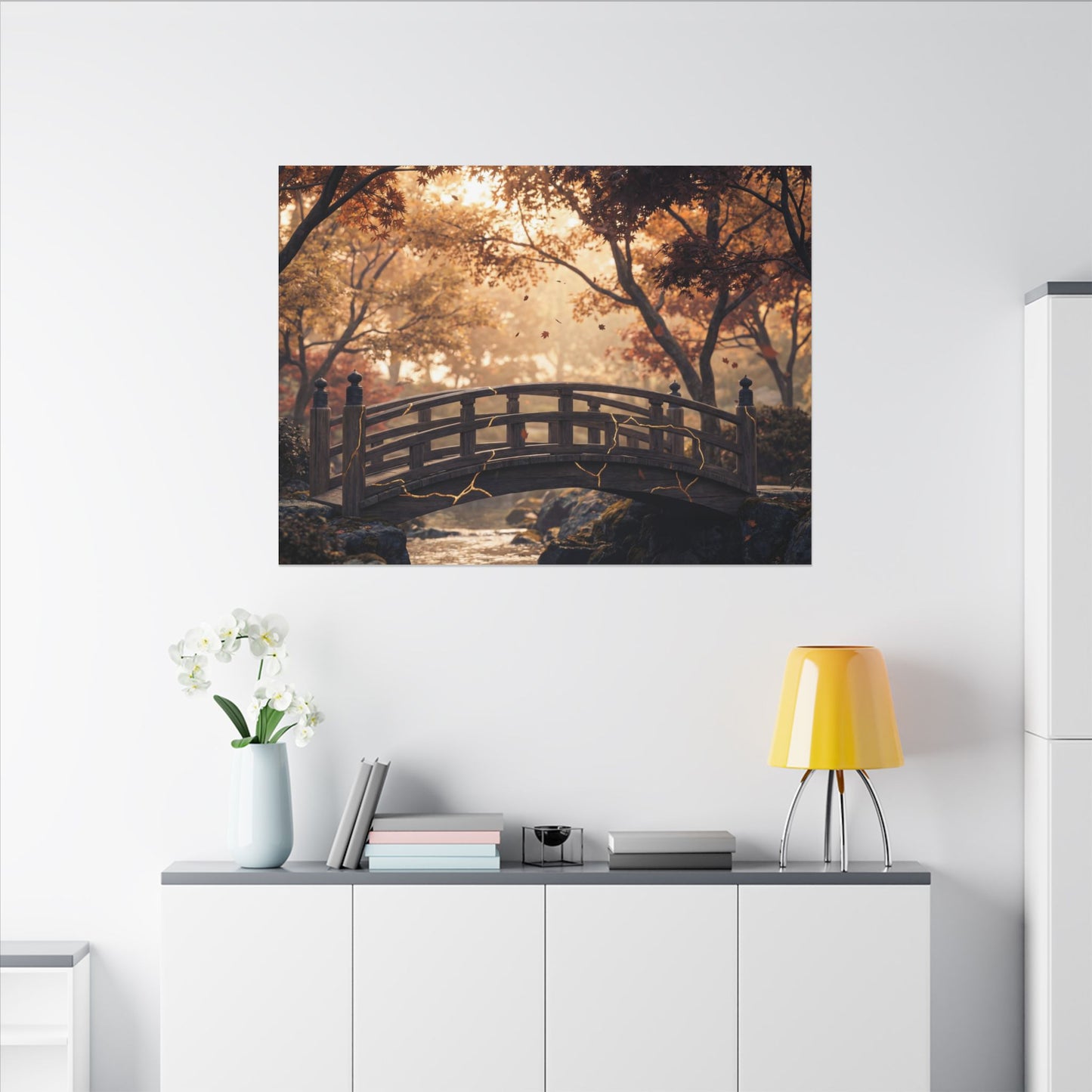 Autumn Wooden Bridge Gold Vein Canvas Art | Resilient Decor