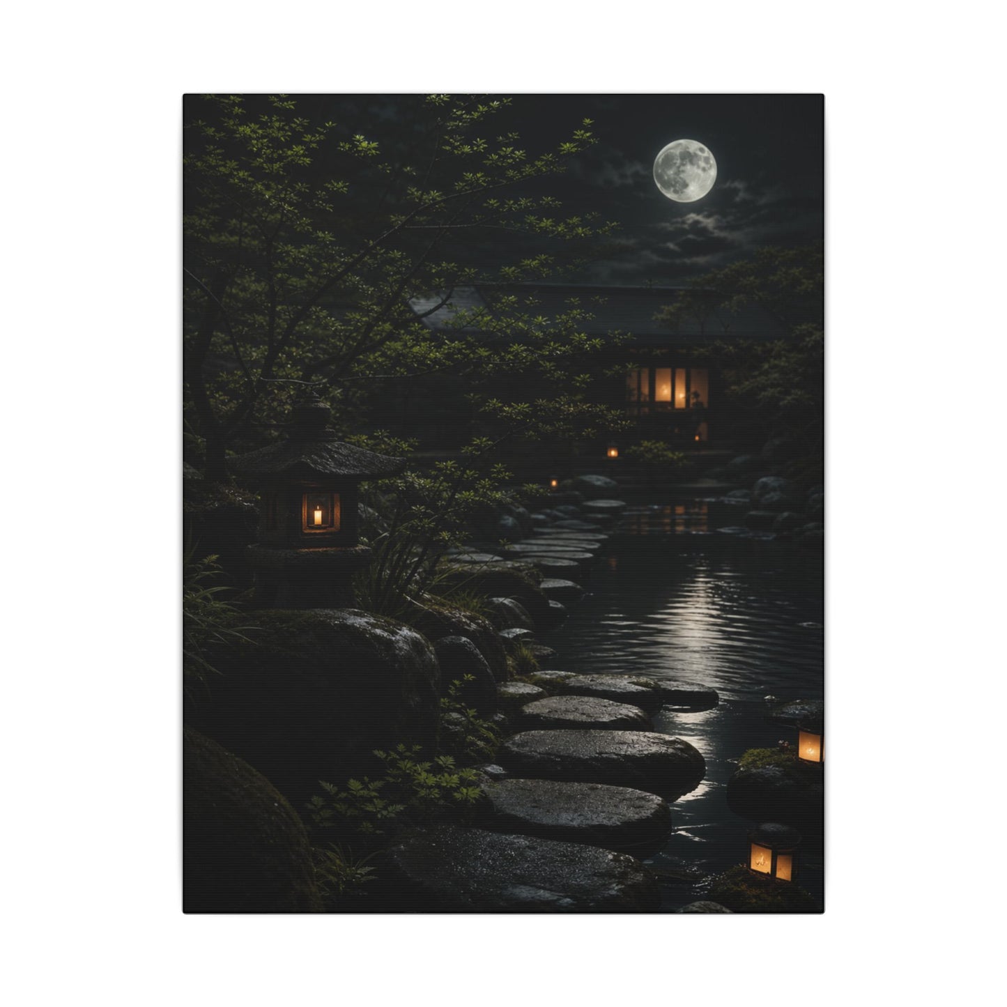 Moonlit Garden Shadow Zen Canvas Art | Sophisticated Dark Japandi Art
