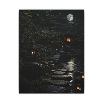 Moonlit Garden Shadow Zen Canvas Art | Sophisticated Dark Japandi Art