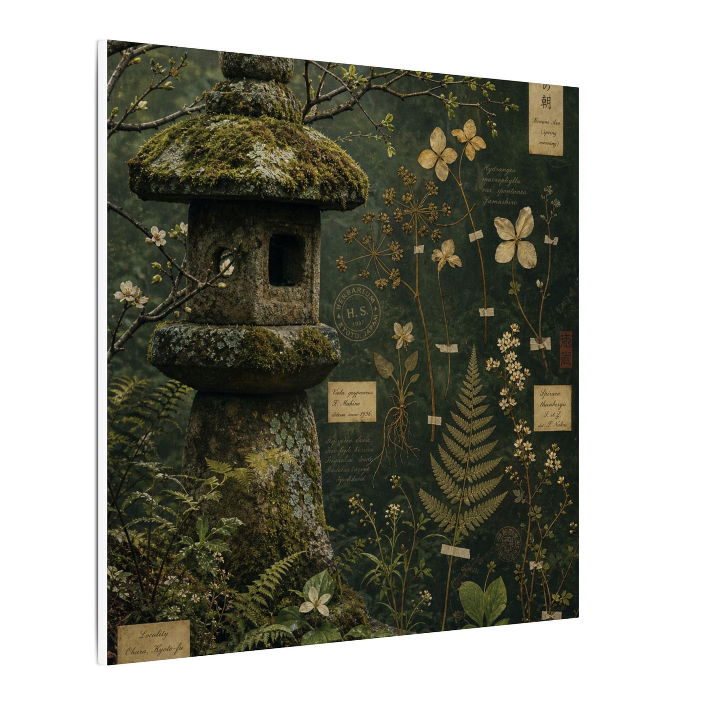 Spring Stone Lantern Herbarium Canvas Art | Nostalgic Decor