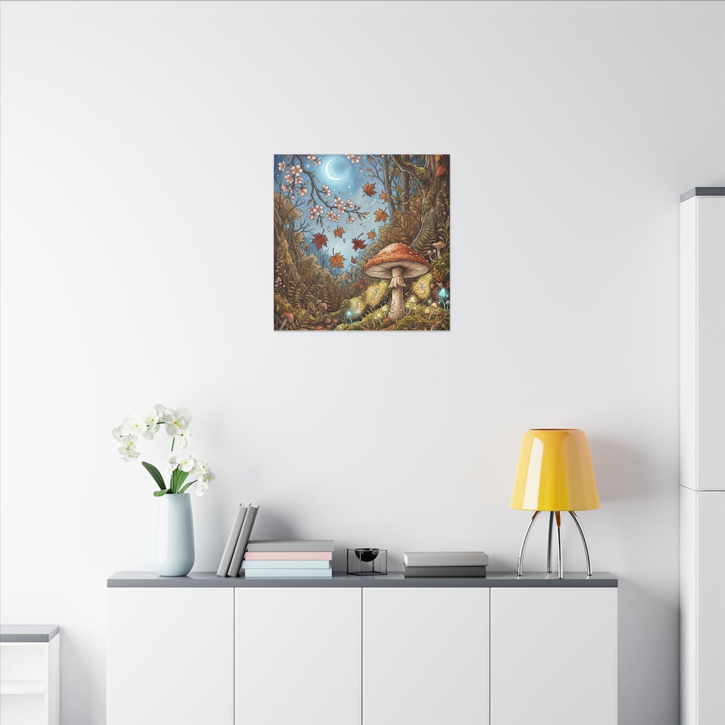 Autumn Cherry Blossom Mushroom Illustration Canvas Art | Enchanting Decor