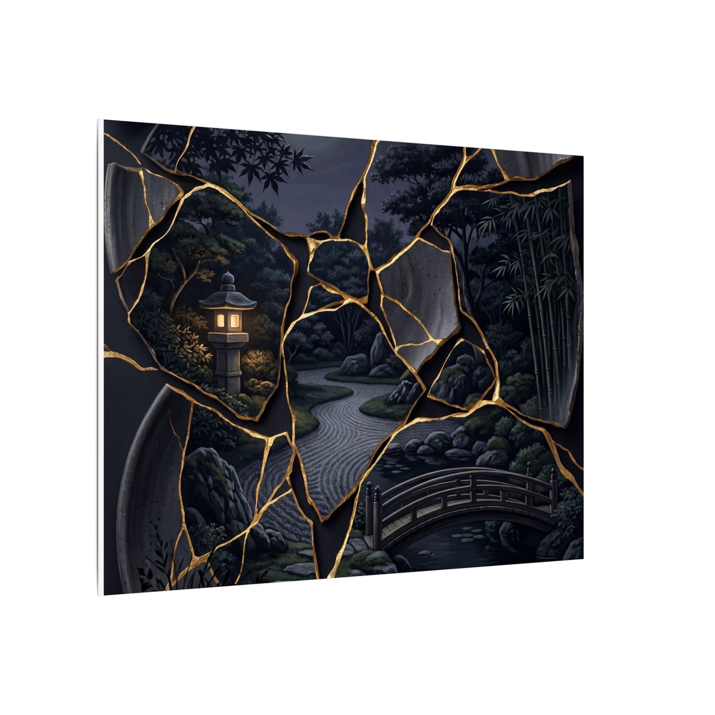 Kintsugi Moonlit Garden in Golden Hour | Gold Repair Canvas Art