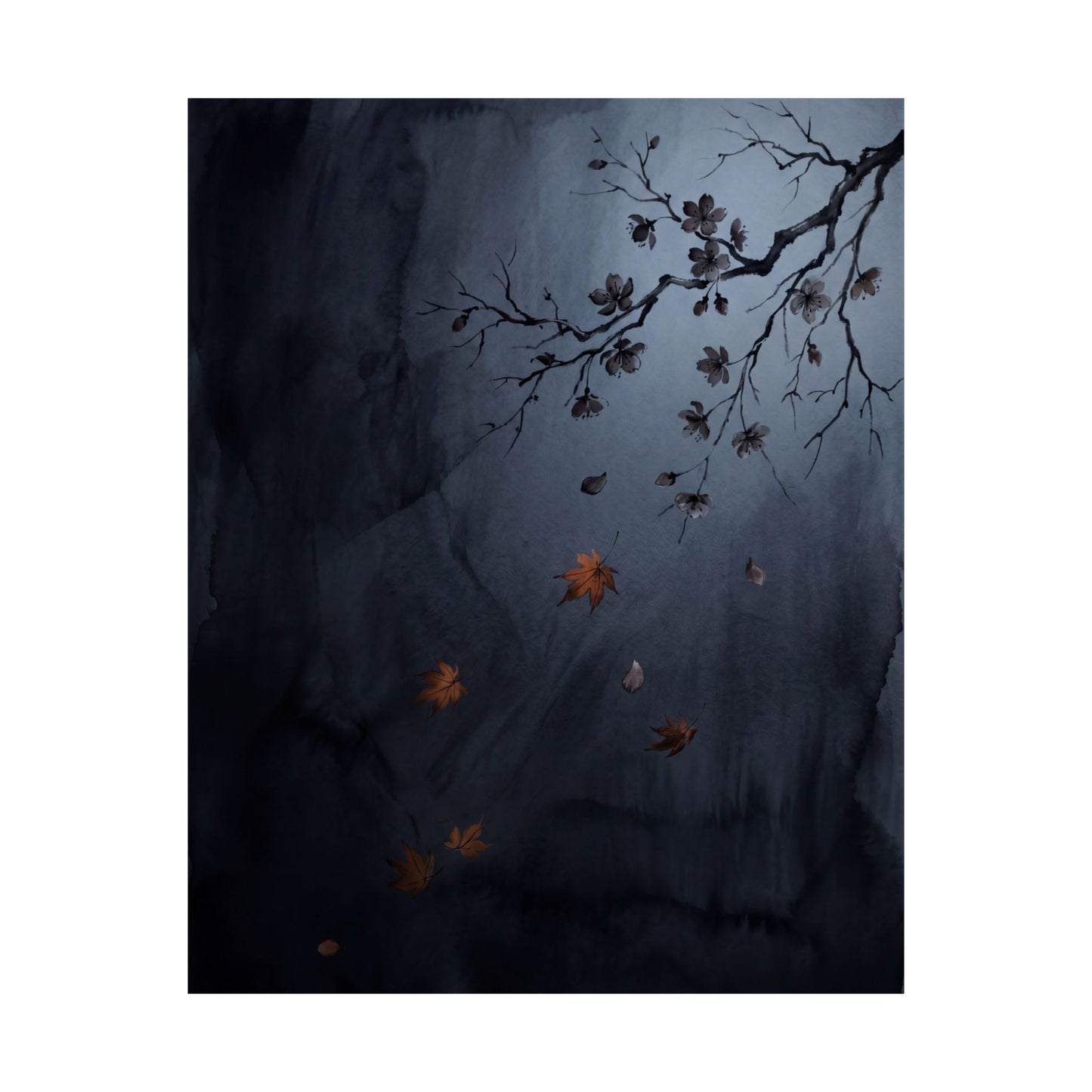 Moonlight Cherry Blossom Wall Art Print - Dark Japandi Ma