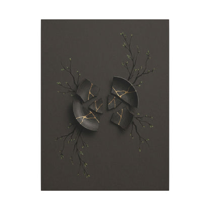 Sophisticated Broken Pottery Canvas Art - Charcoal Ink Dark Japandi