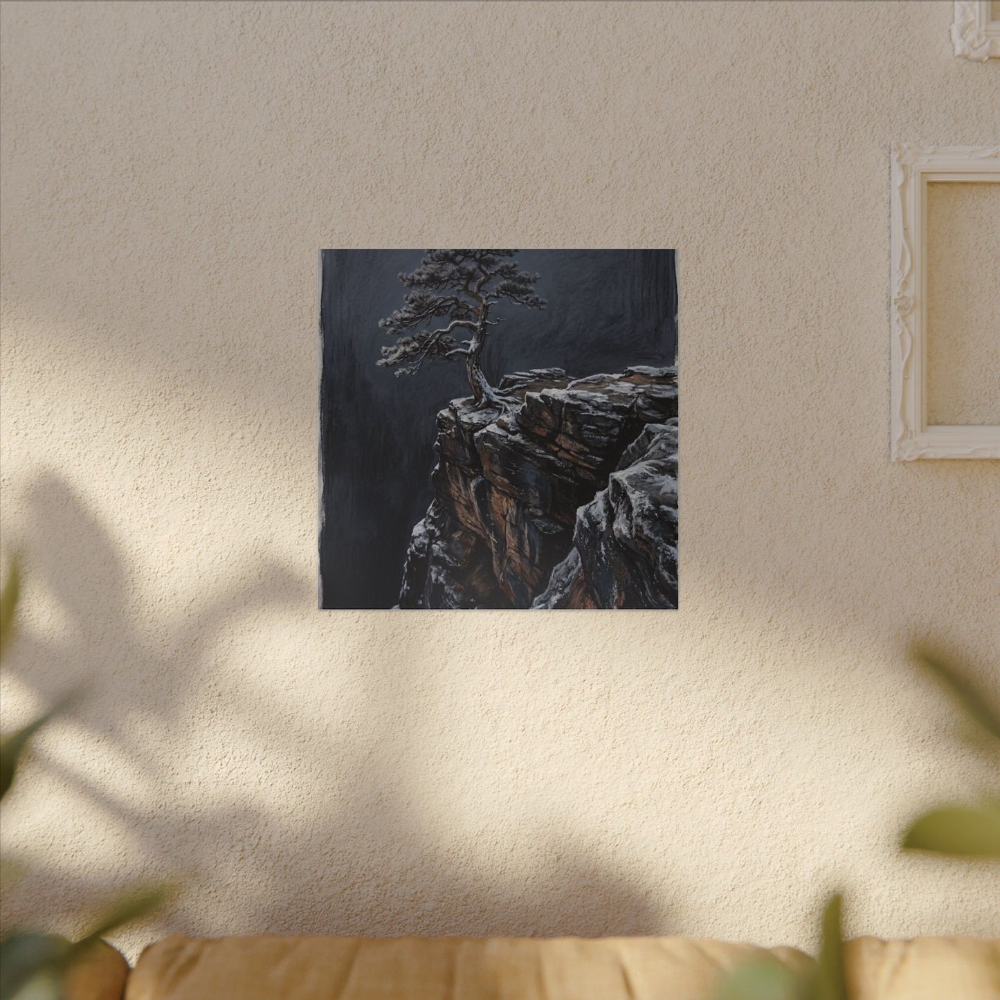 Dark Japandi Pine Tree in Dawn | Dark Texture Canvas Art