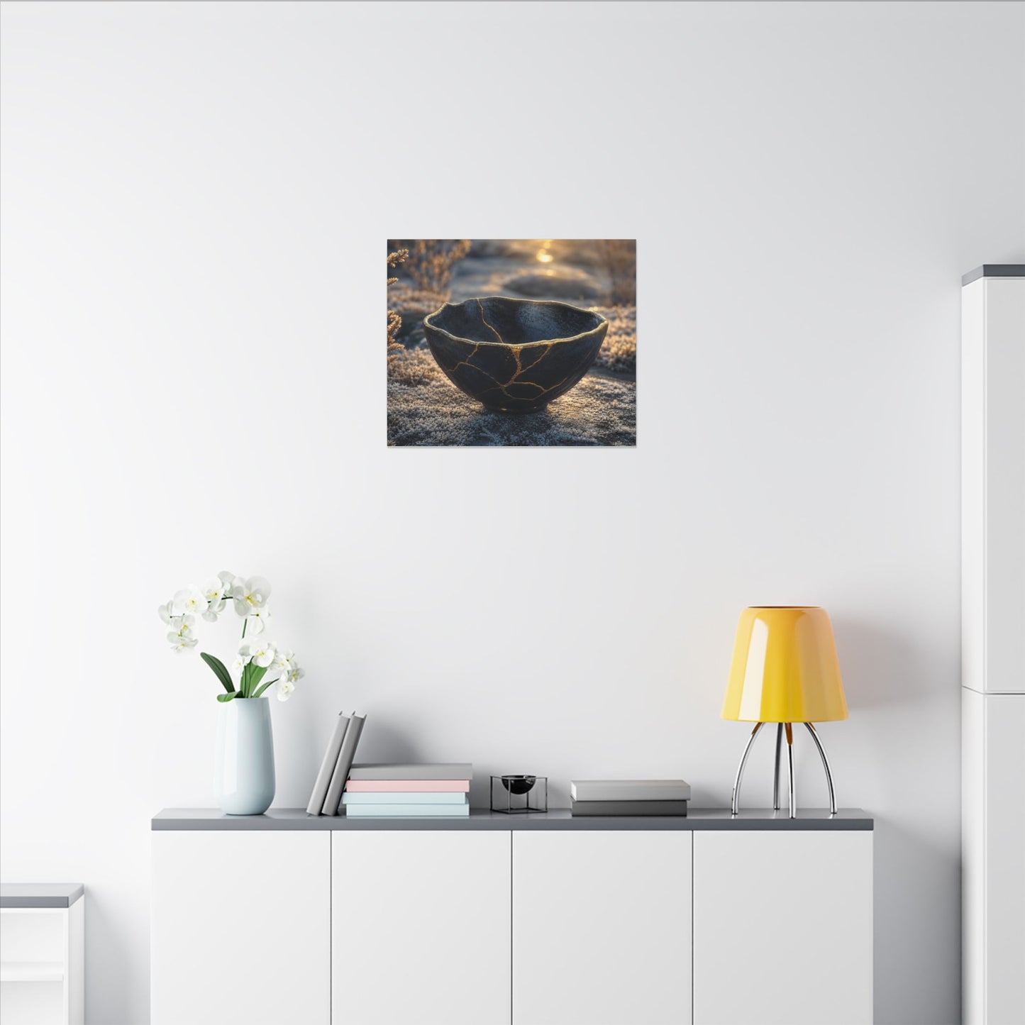 Ceramic Bowl Canvas Art | Winter Kintsugi Gold Repair Art