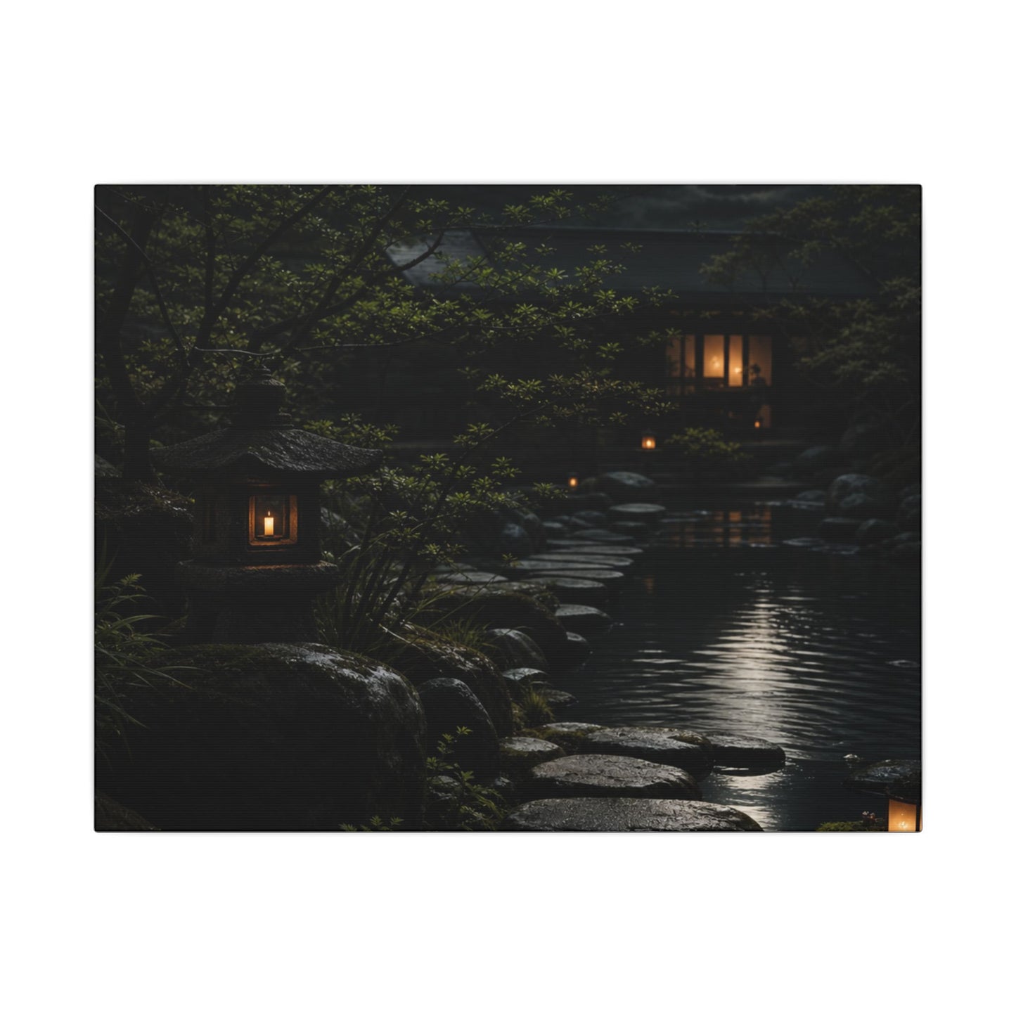 Moonlit Garden Shadow Zen Canvas Art | Sophisticated Dark Japandi Art