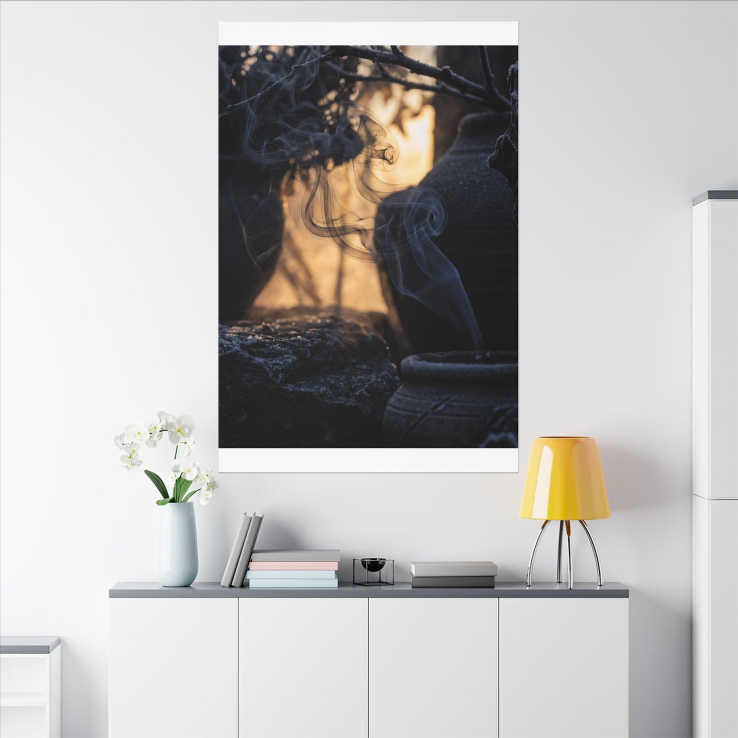 Incense Smoke Canvas Art | Winter Dark Japandi Shadow Zen Art