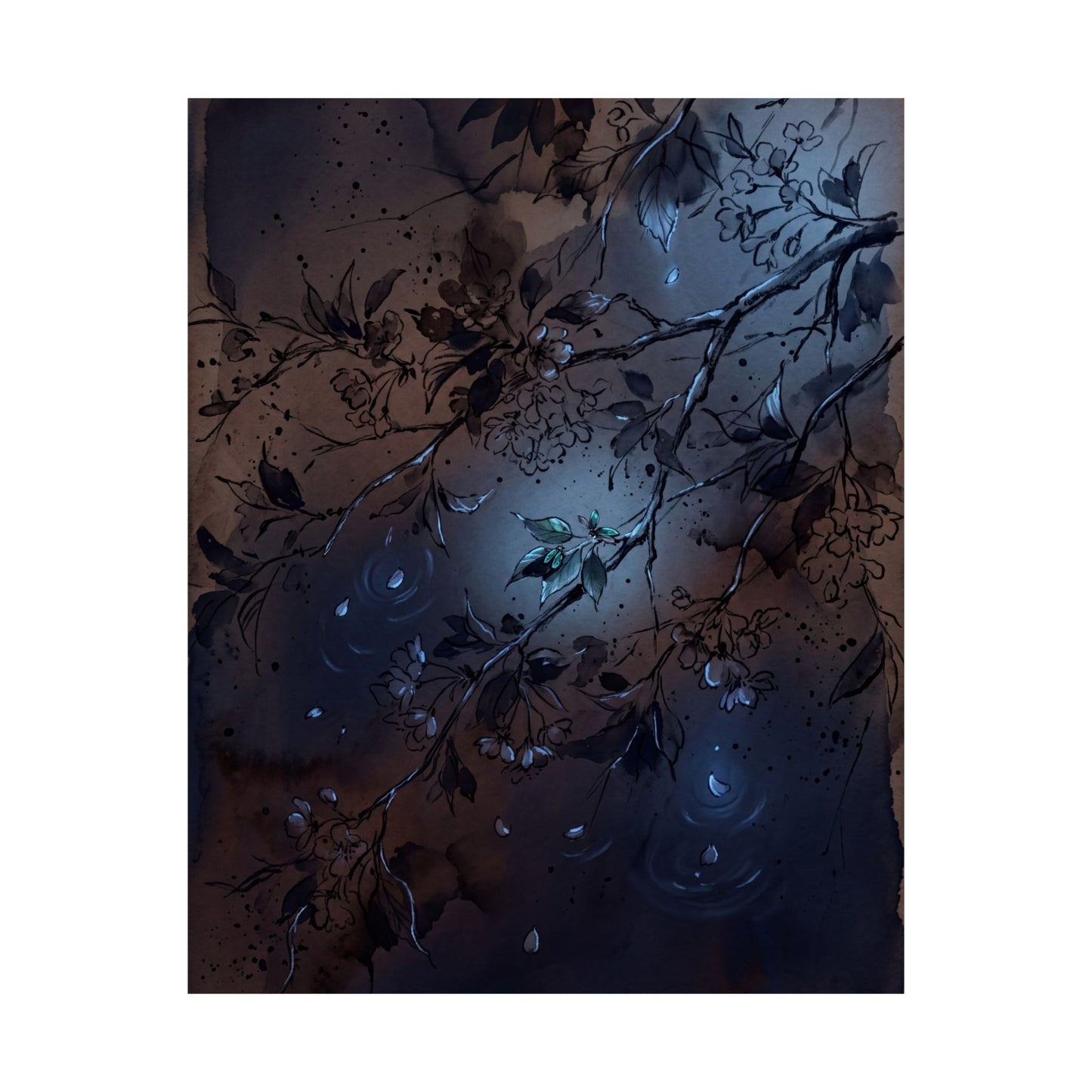 Moonlight Cherry Blossom Wall Art Print - Dark Japandi Datsuzoku