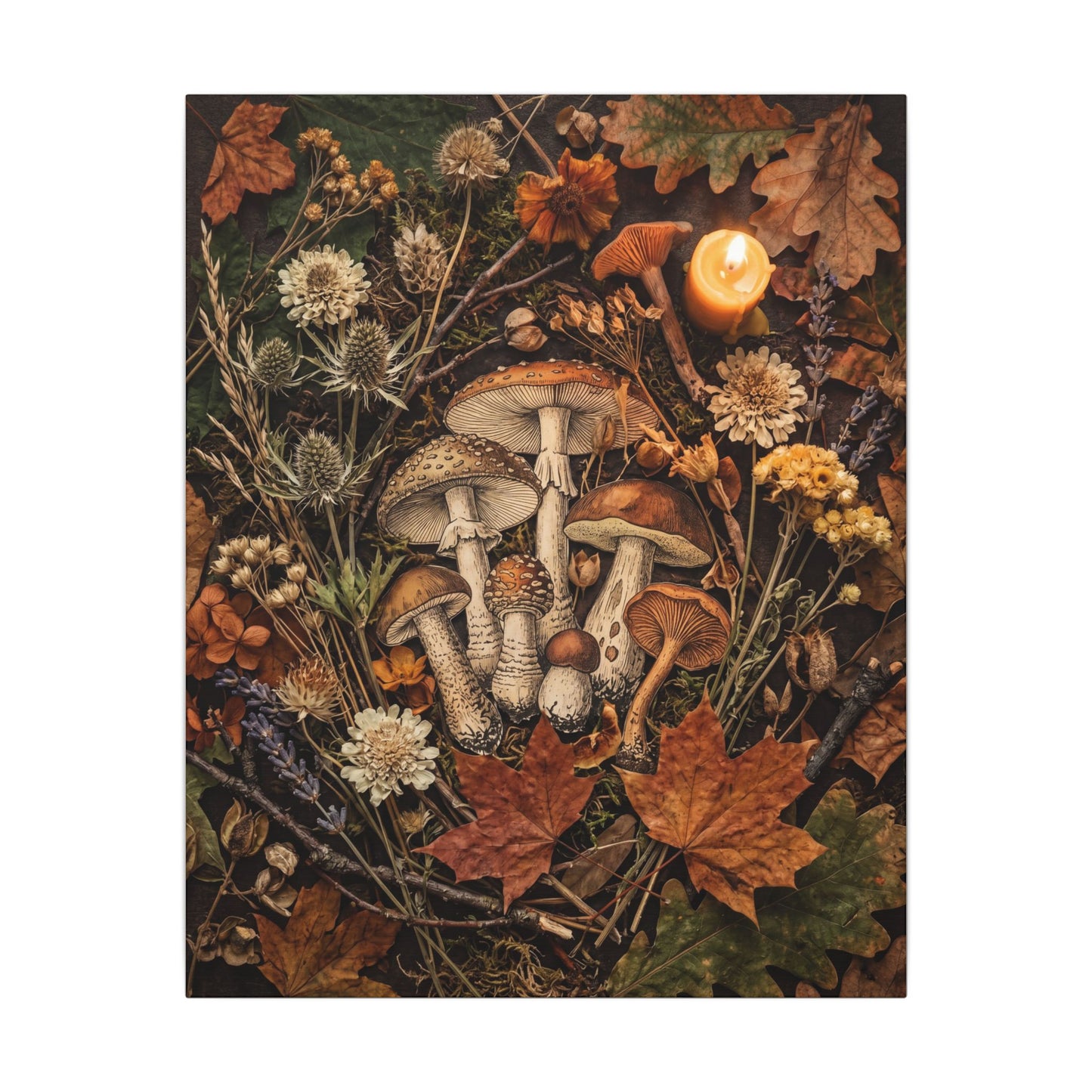 Autumn Dried Flowers Mushroom Illustration Canvas Art | Earthy Decor