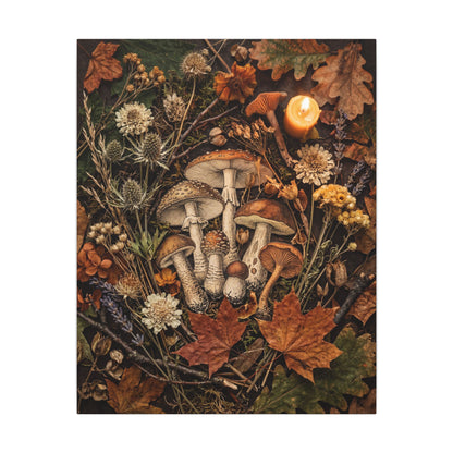 Autumn Dried Flowers Mushroom Illustration Canvas Art | Earthy Decor