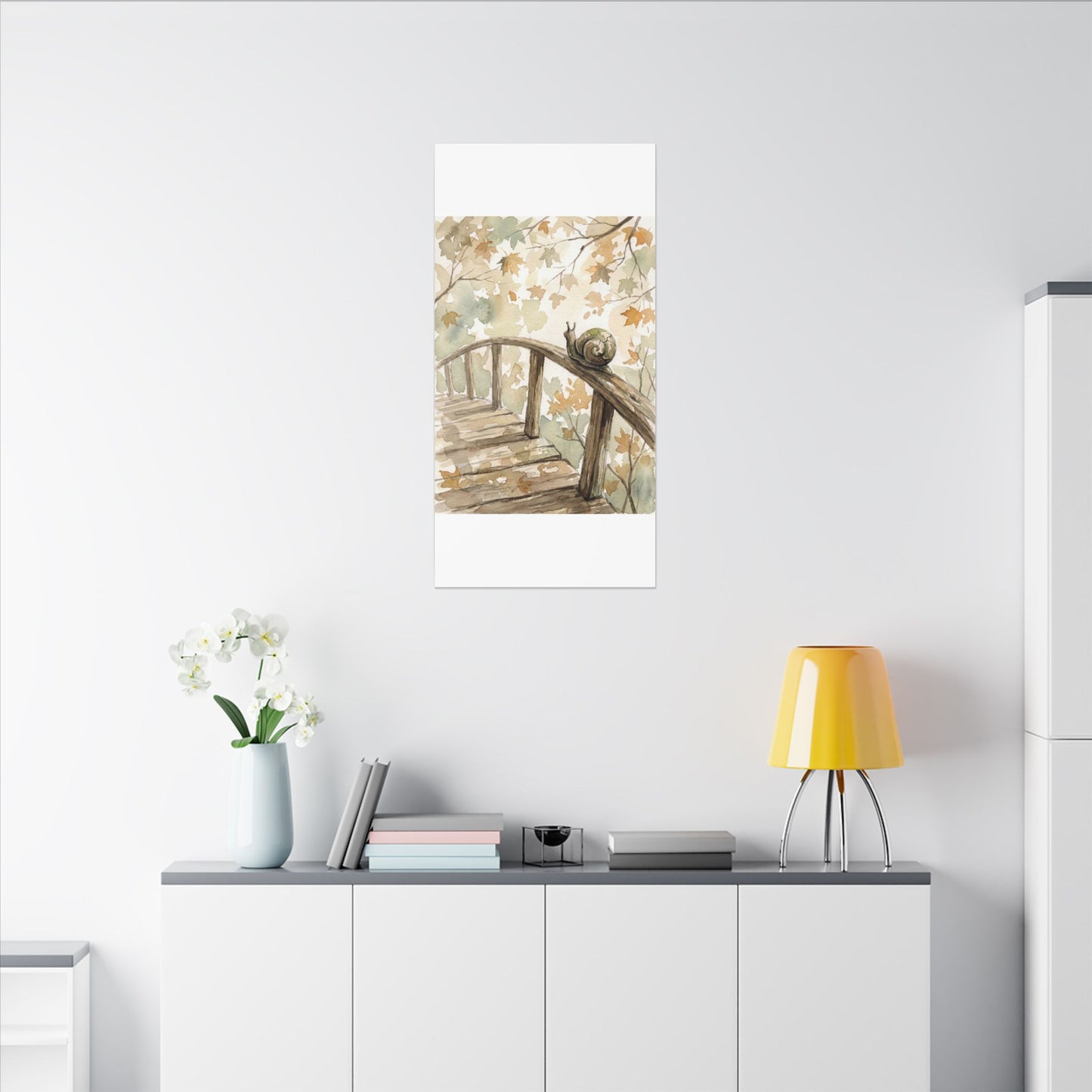 Wooden Bridge Canvas Art | Autumn Japandi Watercolor Art
