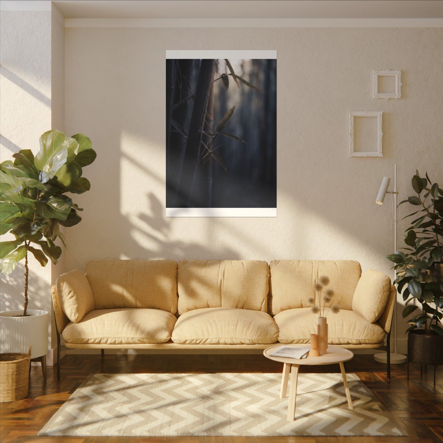 Dark Japandi Bamboo Grove in Dawn | Moody Minimal Canvas Art