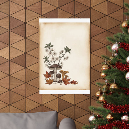 Autumn Cherry Blossom Mushroom Illustration Wall Art Print | Enchanting Decor