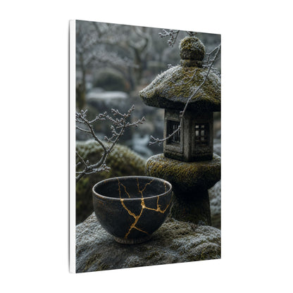 Stone Lantern Canvas Art | Winter Kintsugi Gold Repair Art