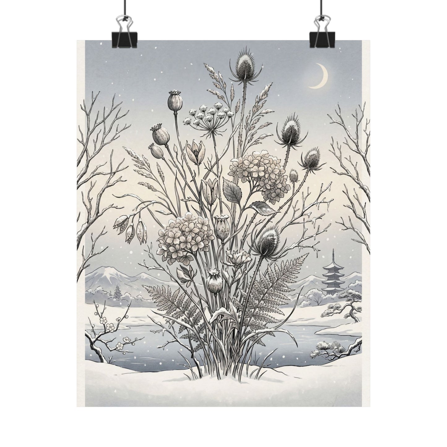 Zen Dried Flowers in Dawn | Ukiyo E Inspired Wall Art Print