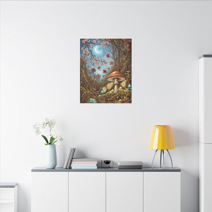 Autumn Cherry Blossom Mushroom Illustration Canvas Art | Enchanting Decor
