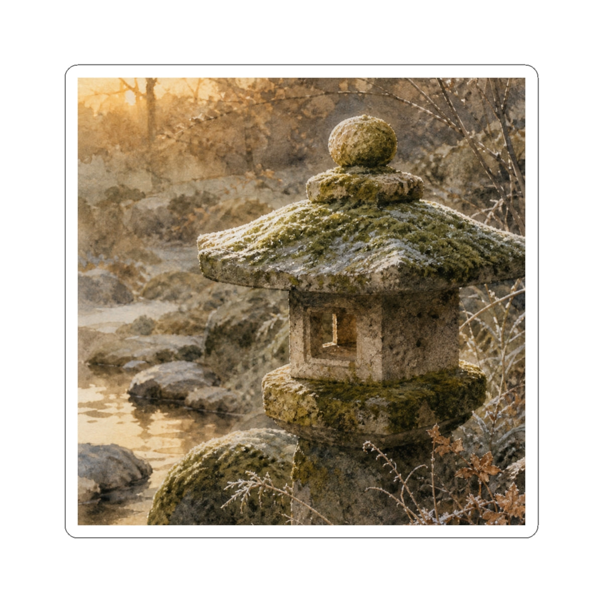 Stone Lantern Watercolor Sticker | Earthy Japandi Art